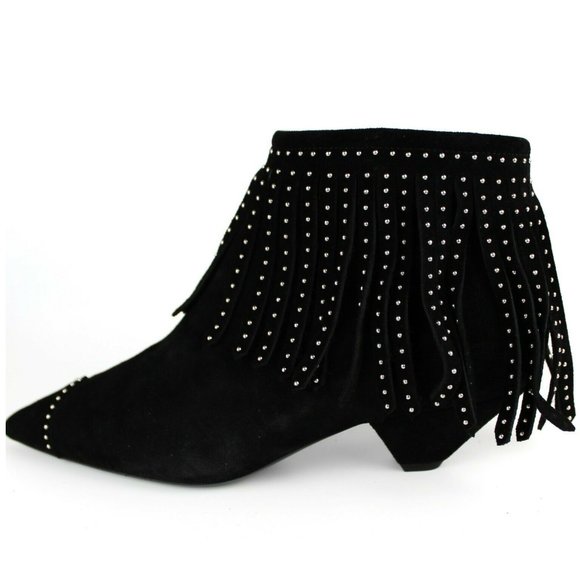 NEW SAINT LAURENT Blaze Laced Fringe Ankle Boots – Suede Studded Western Boots - Picture 2 of 15
